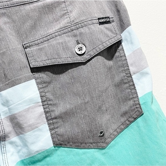 HANG TEN Men’s Board Shorts Gray Green Stripe Drawstring Hook & Loop Closure 32 - Picture 5 of 8